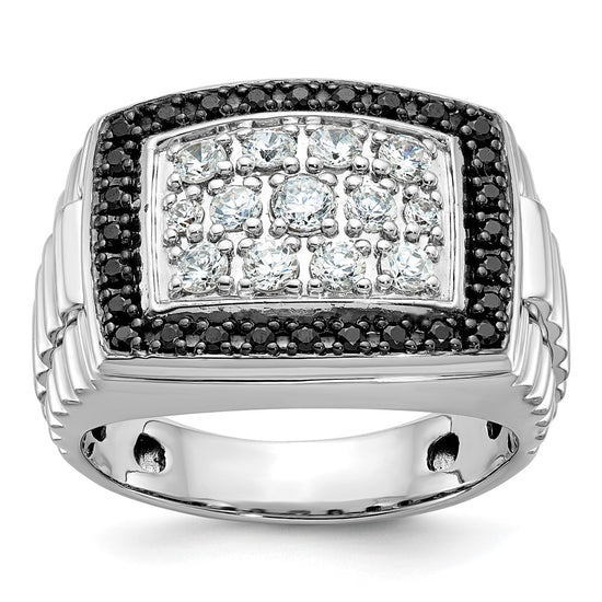 14k White Gold Men's Polished and Textured 1 Carat Black and White Diamond Cluster Ring