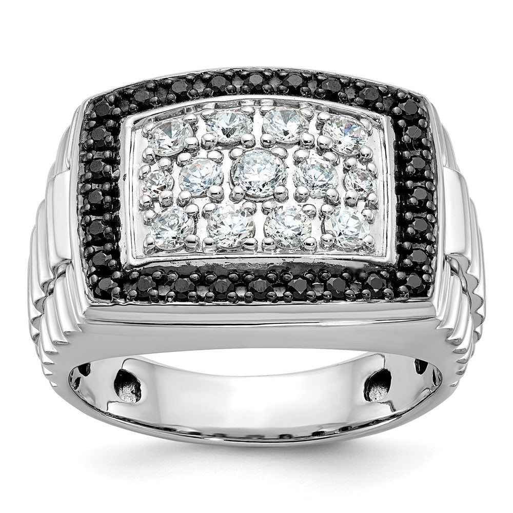 14k White Gold Men's Polished and Textured 1 Carat Black and White Diamond Cluster Ring