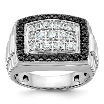 14k White Gold Men's Polished and Textured 1 Carat Black and White Diamond Cluster Ring
