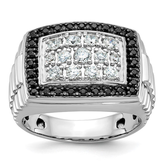 14k White Gold Men's Polished and Textured 1 Carat Black and White Diamond Cluster Ring