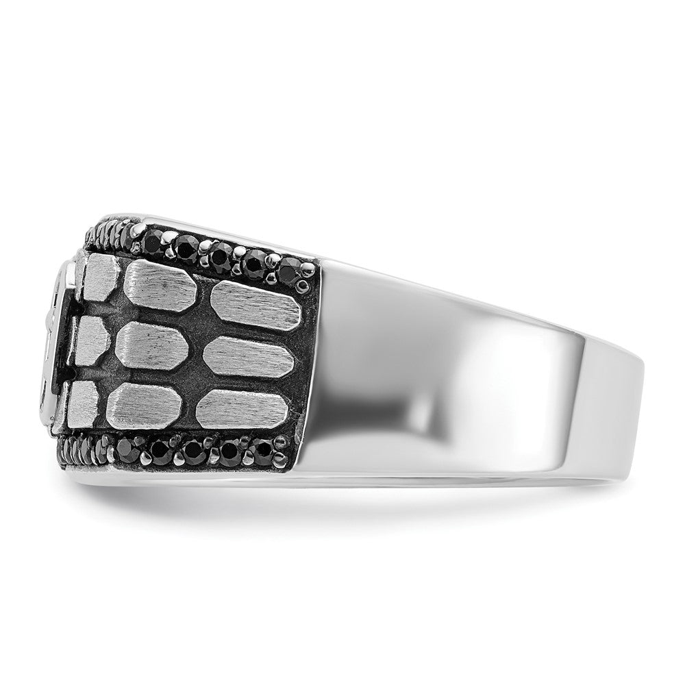 14k White Gold with Black Rhodium Men's Polished Satin and Cobblestone Textured Black and White 5/8 Carat AA Quality Diamond Ring