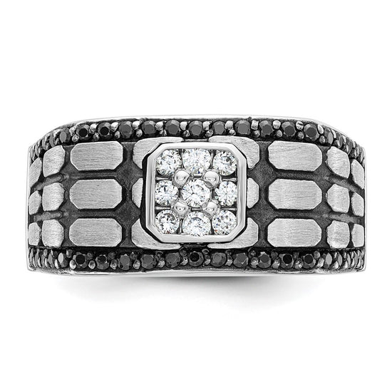 14k White Gold with Black Rhodium Men's Polished Satin and Cobblestone Textured Black and White 5/8 Carat AA Quality Diamond Ring
