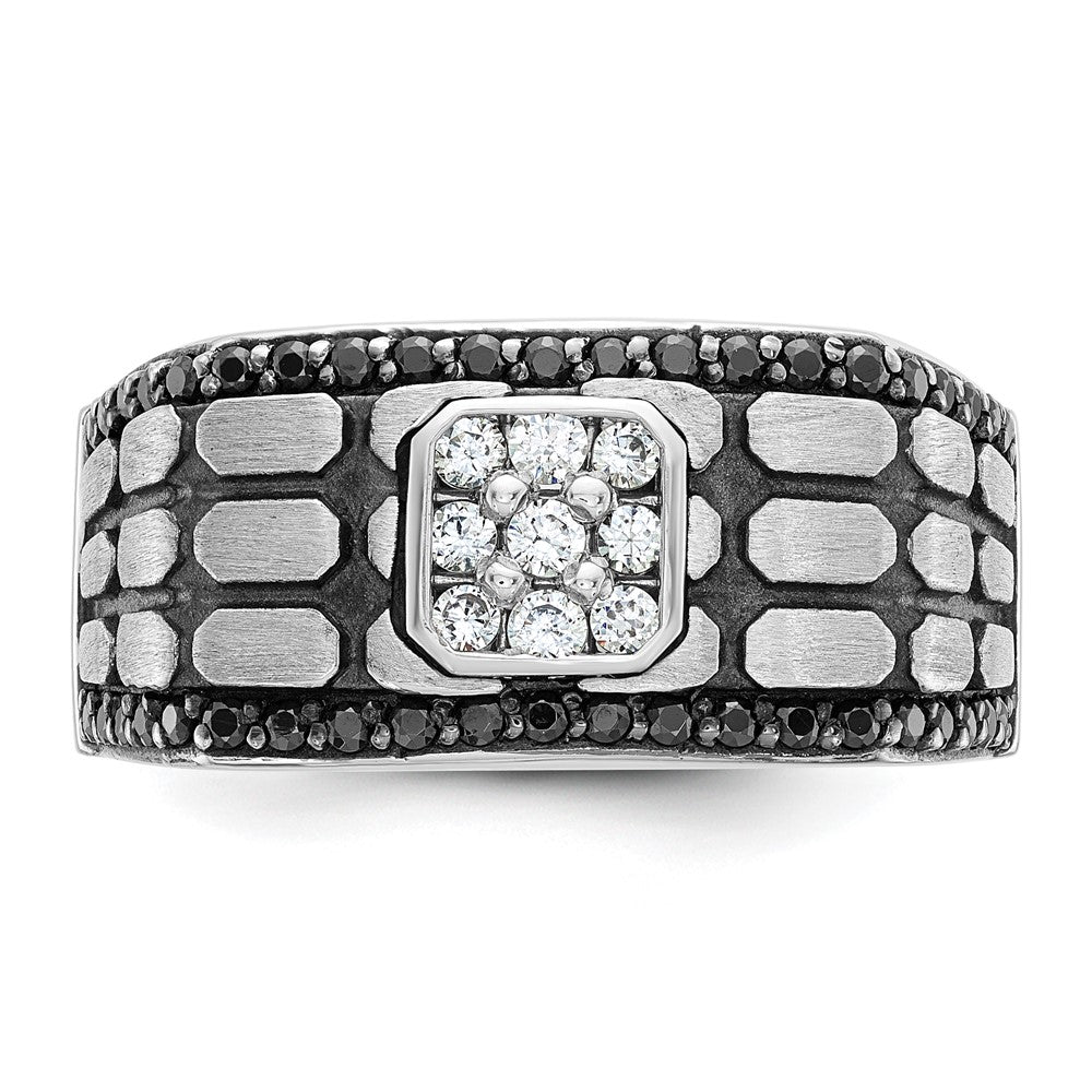 14k White Gold with Black Rhodium Men's Polished Satin and Cobblestone Textured Black and White 5/8 Carat AA Quality Diamond Ring
