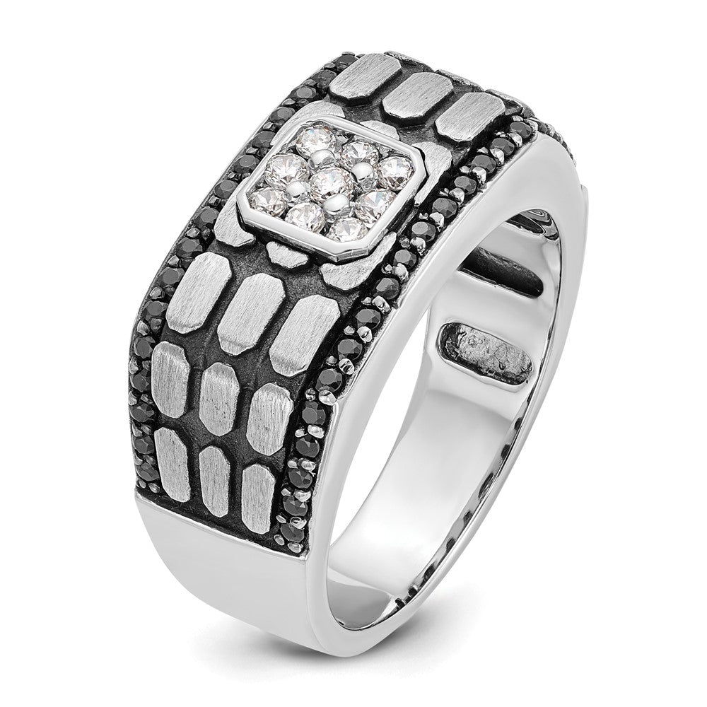 14k White Gold with Black Rhodium Men's Polished Satin and Cobblestone Textured Black and White 5/8 Carat AA Quality Diamond Ring