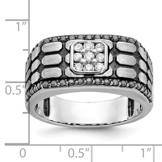 14k White Gold with Black Rhodium Men's Polished Satin and Cobblestone Textured Black and White 5/8 Carat AA Quality Diamond Ring