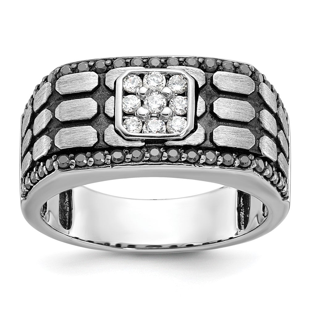 14k White Gold with Black Rhodium Men's Polished Satin and Cobblestone Textured Black and White 5/8 Carat AA Quality Diamond Ring