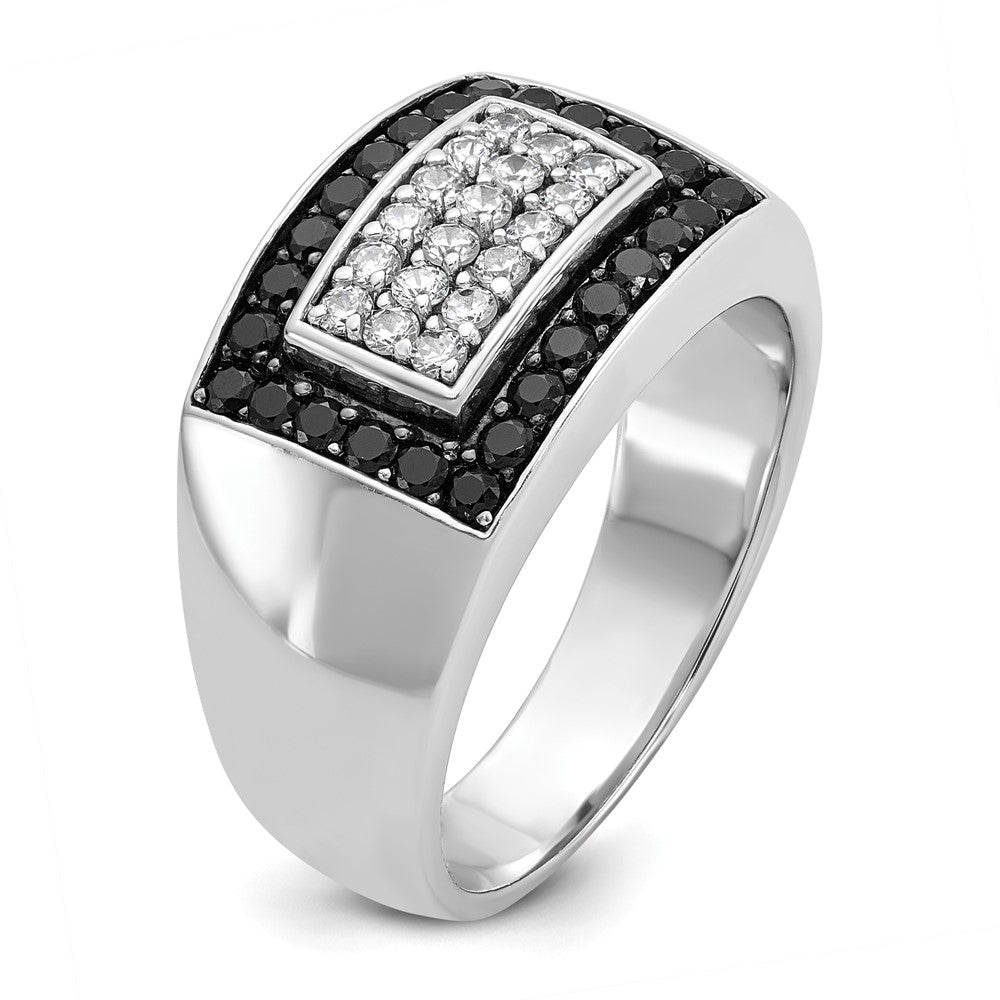 14k White Gold Men's Polished 1 Carat Black and White Diamond Rectangular Cluster Ring