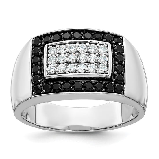 14k White Gold Men's Polished 1 Carat Black and White Diamond Rectangular Cluster Ring