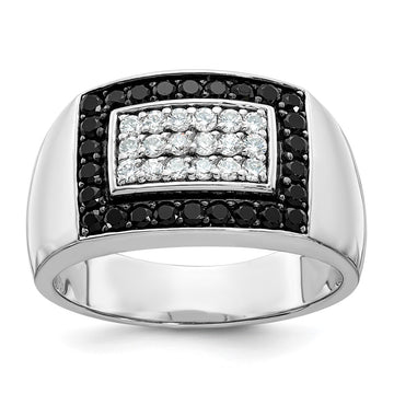 14k White Gold Men's Polished 1 Carat Black and White Diamond Rectangular Cluster Ring