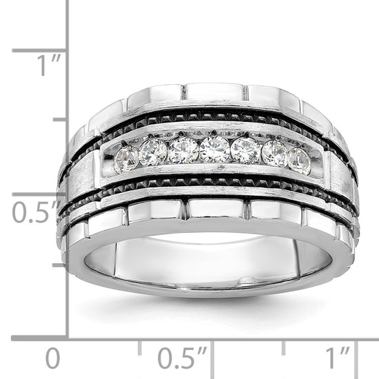 14k White Gold with Black Rhodium Men's Polished Satin and Textured 7-Stone 1/2 Carat AA Quality Diamond Ring