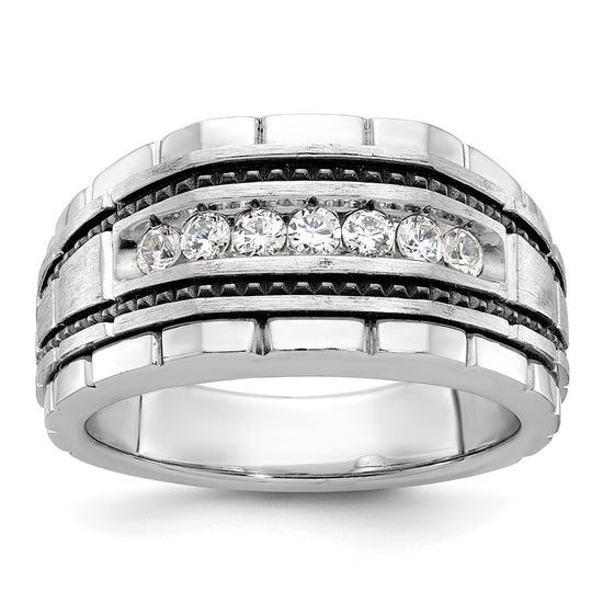 14k White Gold with Black Rhodium Men's Polished Satin and Textured 7-Stone 1/2 Carat AA Quality Diamond Ring