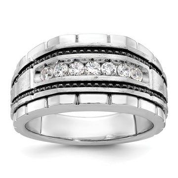 14k White Gold with Black Rhodium Men's Polished Satin and Textured 7-Stone 1/2 Carat AA Quality Diamond Ring