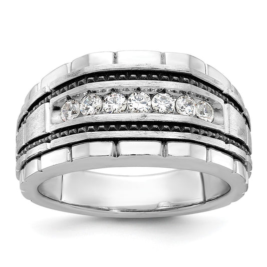 14k White Gold with Black Rhodium Men's Polished Satin and Textured 7-Stone 1/2 Carat AA Quality Diamond Ring