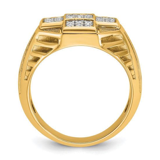 10k Men's Polished Textured and Grooved 1/2 Carat A Quality Diamond Cross Cluster Ring
