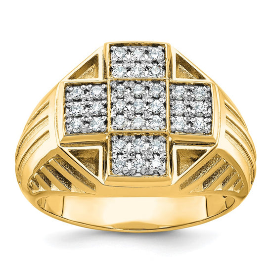 10k Men's Polished Textured and Grooved 1/2 Carat A Quality Diamond Cross Cluster Ring