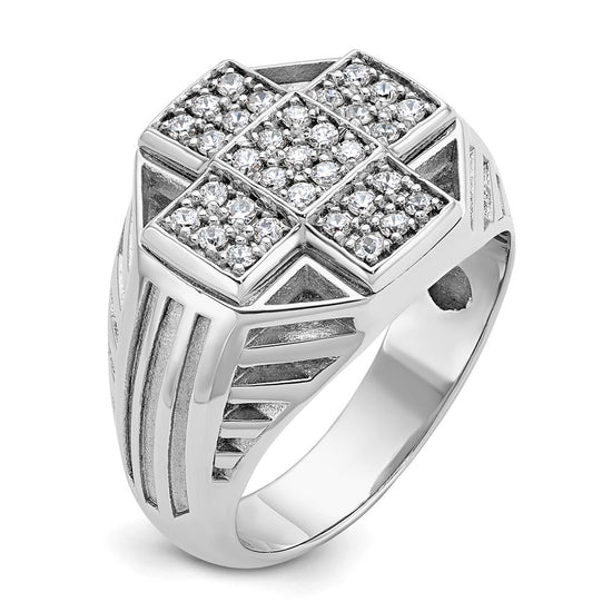 14k White Gold Men's Polished Textured and Grooved 1/2 Carat AA Quality Diamond Cross Cluster Ring