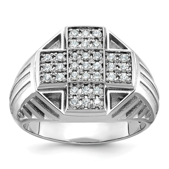 14k White Gold Men's Polished Textured and Grooved 1/2 Carat AA Quality Diamond Cross Cluster Ring
