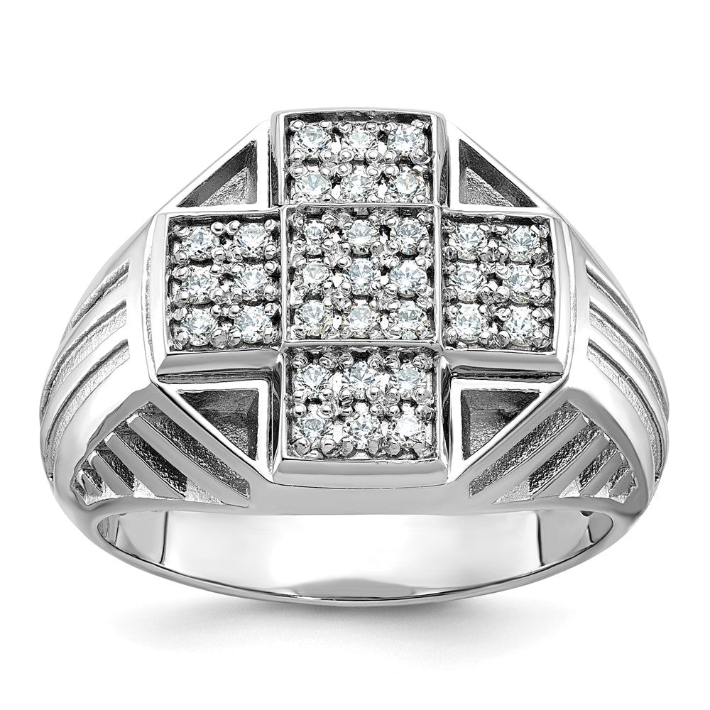 14k White Gold Men's Polished Textured and Grooved 1/2 Carat AA Quality Diamond Cross Cluster Ring