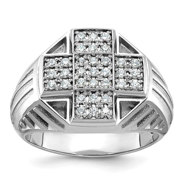 14k White Gold Men's Polished Textured and Grooved 1/2 Carat AA Quality Diamond Cross Cluster Ring