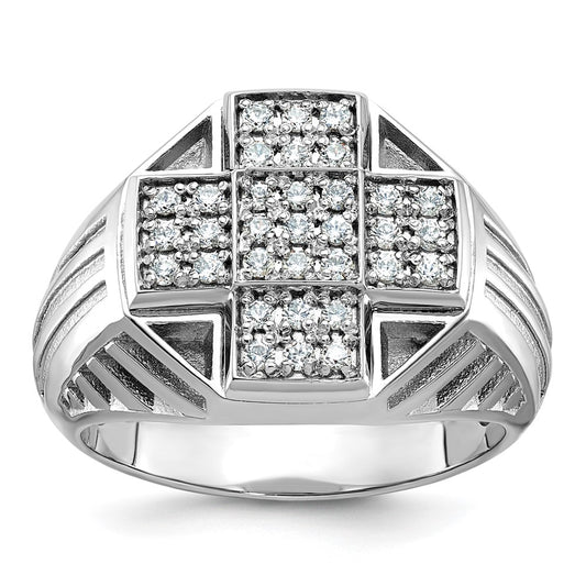14k White Gold Men's Polished Textured and Grooved 1/2 Carat AA Quality Diamond Cross Cluster Ring