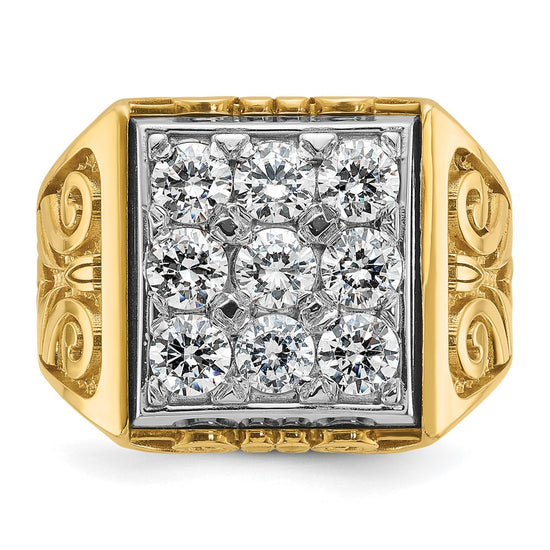 14k Two-tone Men's Polished and Textured Scroll Design 2 Carat AA Quality Diamond Square Cluster Ring