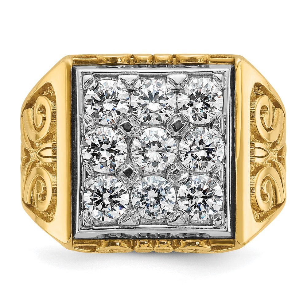14k Two-tone Men's Polished and Textured Scroll Design 2 Carat AA Quality Diamond Square Cluster Ring