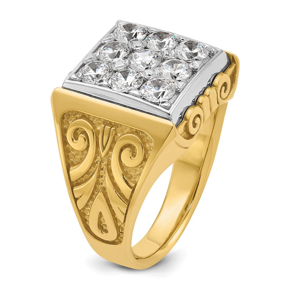 14k Two-tone Men's Polished and Textured Scroll Design 2 Carat AA Quality Diamond Square Cluster Ring