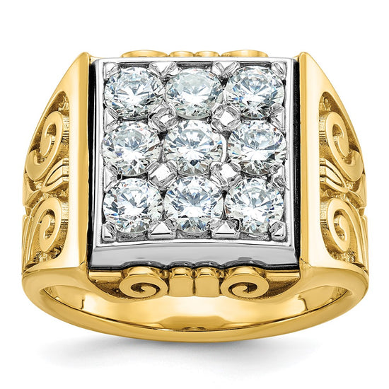 14k Two-tone Men's Polished and Textured Scroll Design 2 Carat AA Quality Diamond Square Cluster Ring