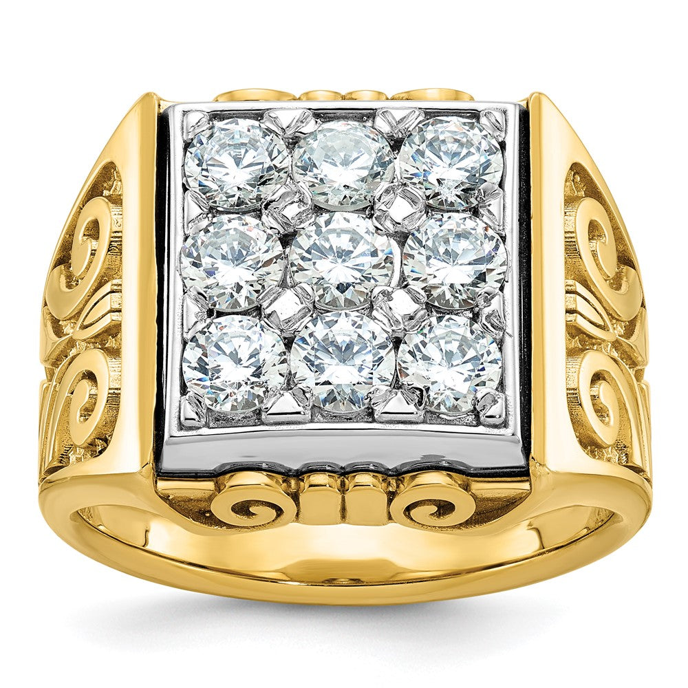 14k Two-tone Men's Polished and Textured Scroll Design 2 Carat AA Quality Diamond Square Cluster Ring