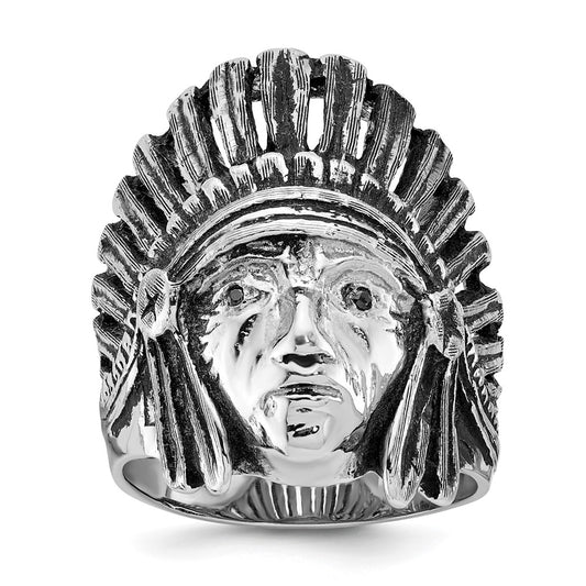 14k White Gold Mens Antiqued Black Diamond Native Headdress Complete Ring