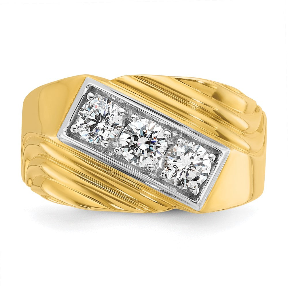 14k with White Rhodium Men's Polished and Grooved 3-Stone 1 Carat AA Quality Diamond Ring