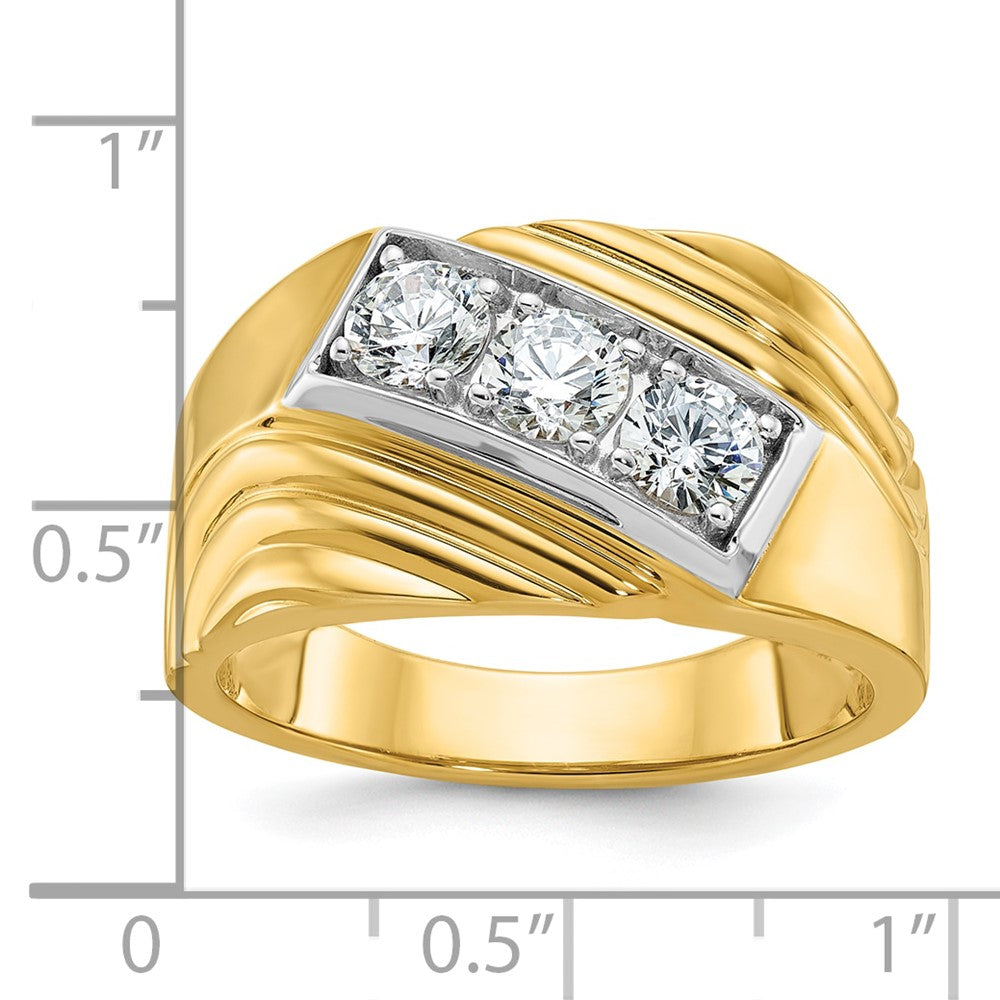 14k with White Rhodium Men's Polished and Grooved 3-Stone 1 Carat AA Quality Diamond Ring