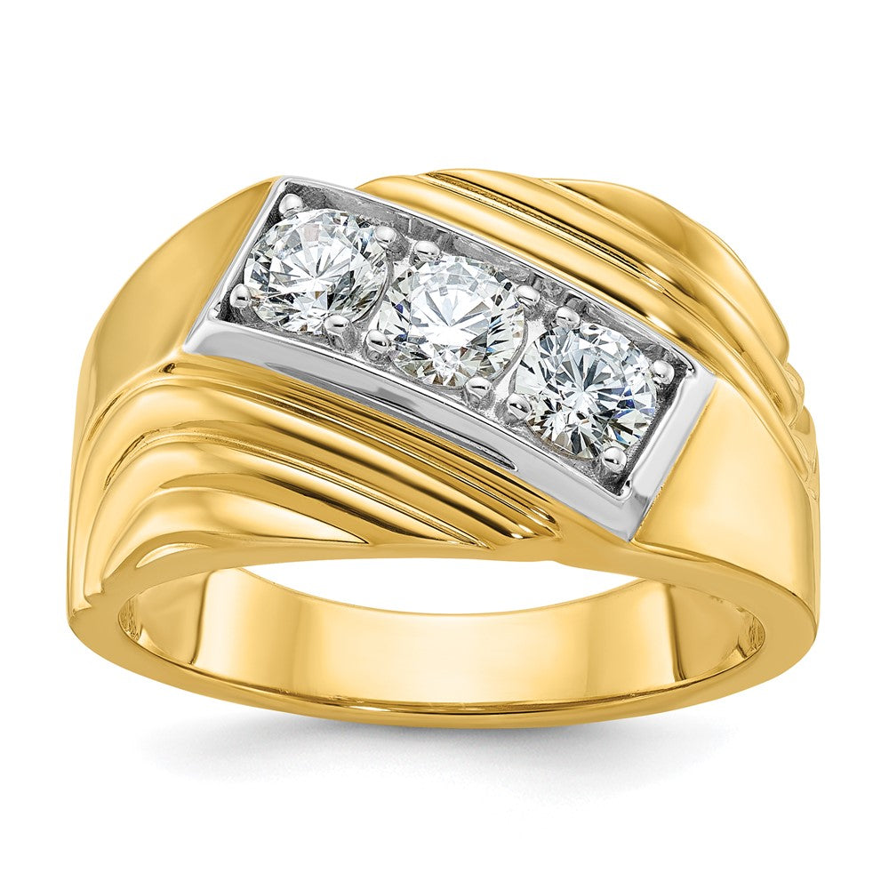 14k with White Rhodium Men's Polished and Grooved 3-Stone 1 Carat AA Quality Diamond Ring