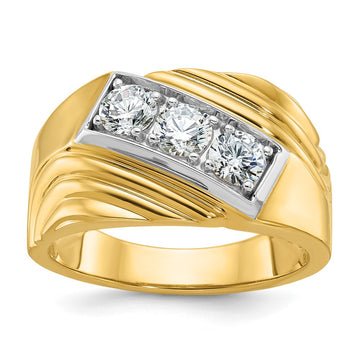 14k with White Rhodium Men's Polished and Grooved 3-Stone 1 Carat AA Quality Diamond Ring