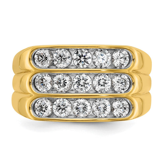 14k Men's Polished and Grooved 3-Row 1.65 Carat AA Quality Diamond Ring