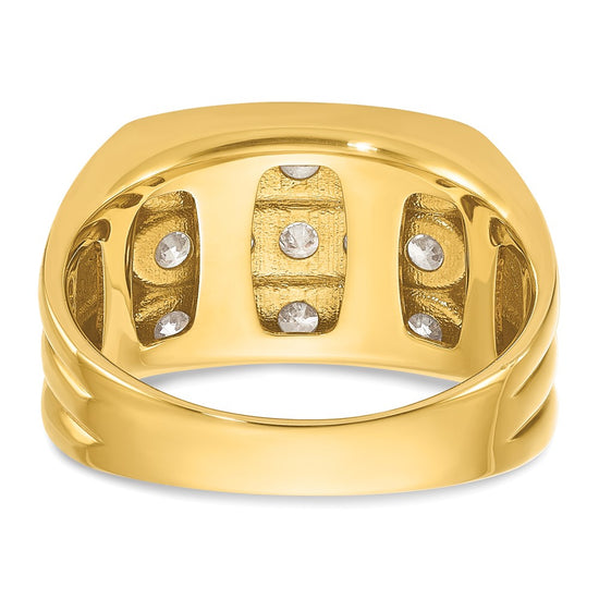 14k Men's Polished and Grooved 3-Row 1.65 Carat AA Quality Diamond Ring
