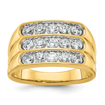 14k Men's Polished and Grooved 3-Row 1.65 Carat AA Quality Diamond Ring