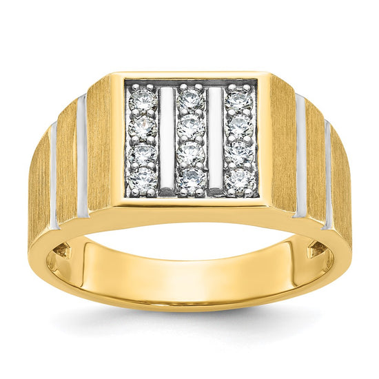 14k with White Rhodium Men's Polished Satin and Grooved 3-Row 1/3 Carat AA Quality Diamond Ring