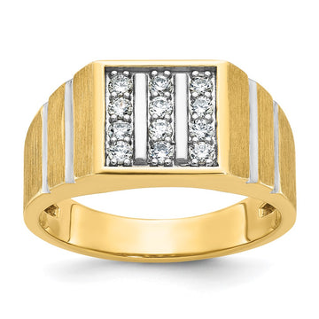 14k with White Rhodium Men's Polished Satin and Grooved 3-Row 1/3 Carat AA Quality Diamond Ring