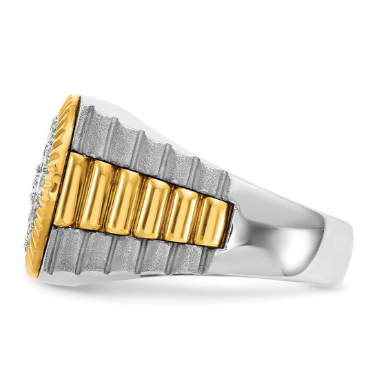 IBGoodman 14k Two-tone Men's Polished Satin and Ribbed 1 1/8 Carat AA Quality Diamond Round Cluster Ring