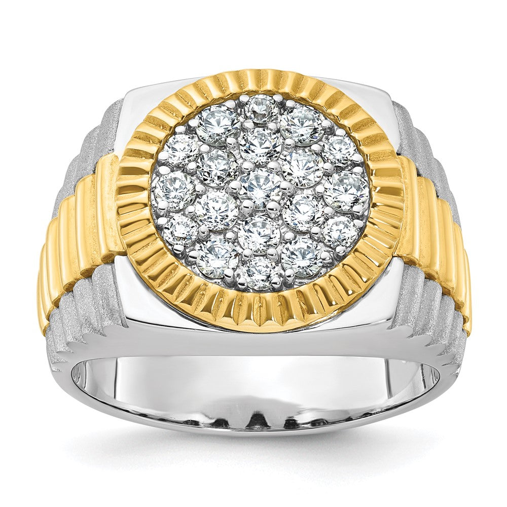 IBGoodman 14k Two-tone Men's Polished Satin and Ribbed 1 1/8 Carat AA Quality Diamond Round Cluster Ring