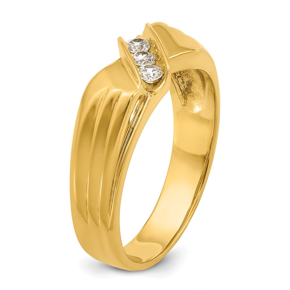 14k Men's Polished and Grooved 3-Stone 1/5 Carat AA Quality Diamond Ring