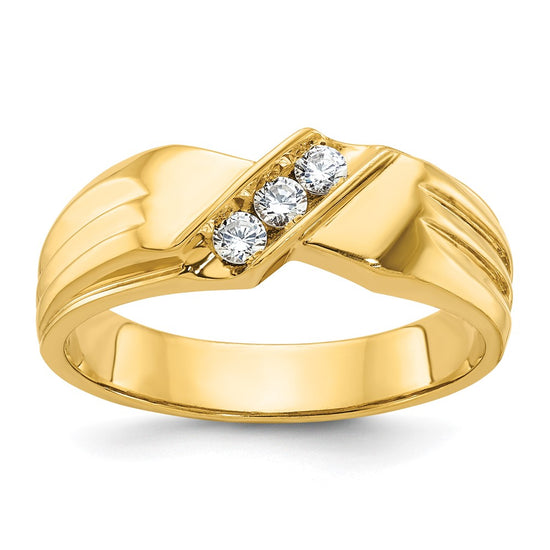 14k Men's Polished and Grooved 3-Stone 1/5 Carat AA Quality Diamond Ring