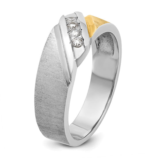 14k Two-tone Men's Polished Satin and Grooved 4-Stone 1/4 Carat AA Quality Diamond Ring
