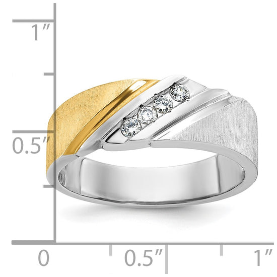 14k Two-tone Men's Polished Satin and Grooved 4-Stone 1/4 Carat AA Quality Diamond Ring