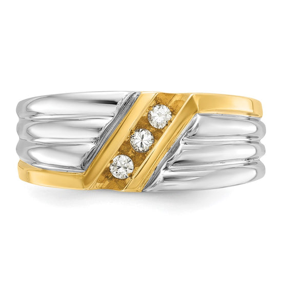 14k Two-tone Men's Polished and Grooved 3-Stone 1/6 Carat AA Quality Diamond Ring