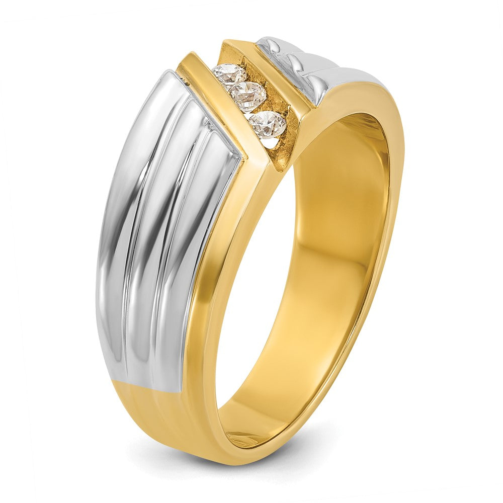 14k Two-tone Men's Polished and Grooved 3-Stone 1/6 Carat AA Quality Diamond Ring