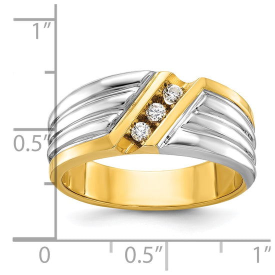 14k Two-tone Men's Polished and Grooved 3-Stone 1/6 Carat AA Quality Diamond Ring