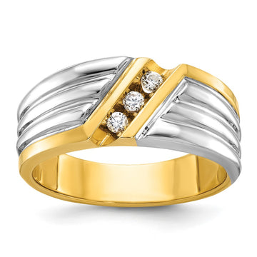 14k Two-tone Men's Polished and Grooved 3-Stone 1/6 Carat AA Quality Diamond Ring
