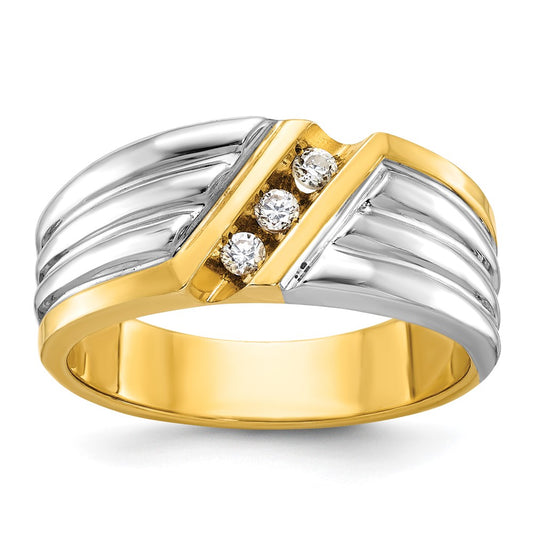 14k Two-tone Men's Polished and Grooved 3-Stone 1/6 Carat AA Quality Diamond Ring